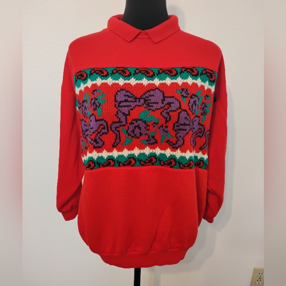 Vintage Lauren Brooke Christmas Festive Acrylic Bow Floral Collared Sweater